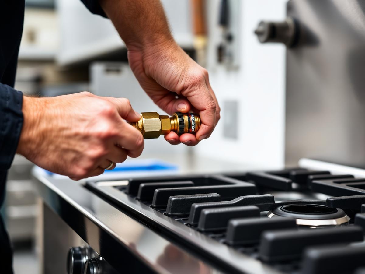Gas fitter connecting a commercial kitchen cooktop bayonet fitting